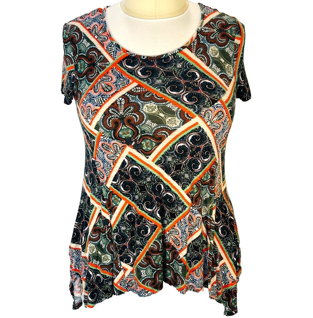 Cable & Gauge Blouse Women's L Damask Tile Boat Neck Sharkbite Hem Short Sleeve